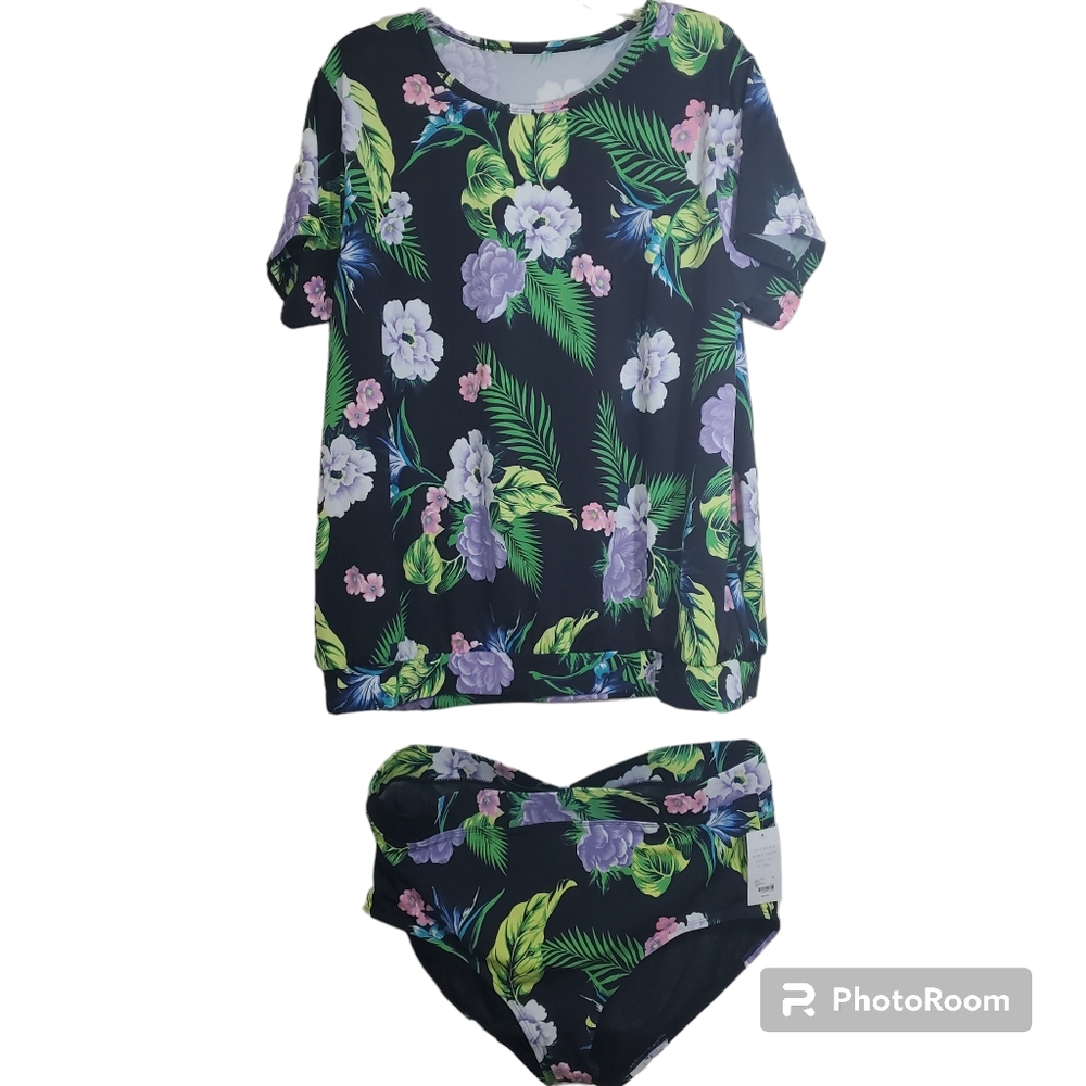 NWT Cacique Two Piece Swimsuit Blouson Tee Bikini Bottom Black Floral Size 18